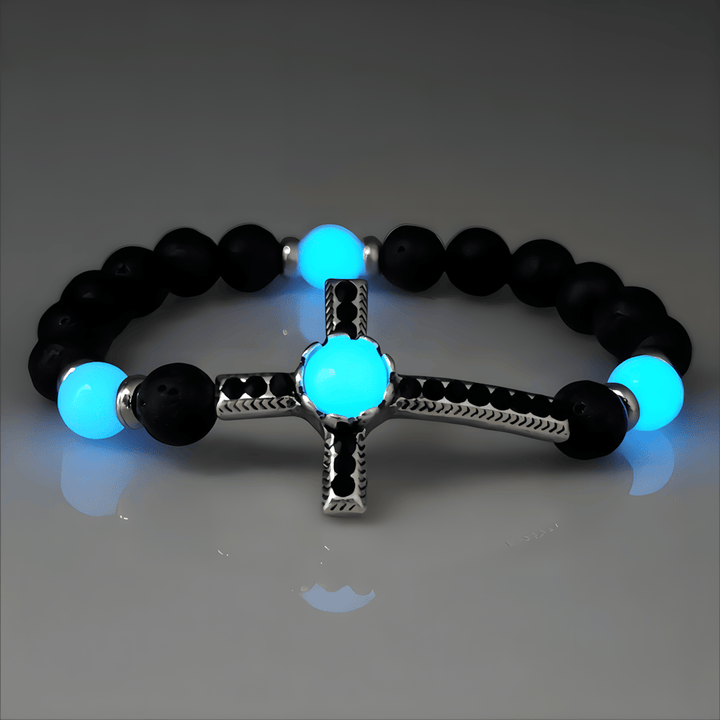 Volcanic Stone Bracelet with Glow-in-the-Dark Cross: Embody His Luminous Grace