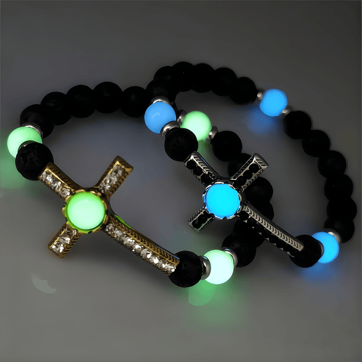 Volcanic Stone Bracelet with Glow-in-the-Dark Cross: Embody His Luminous Grace