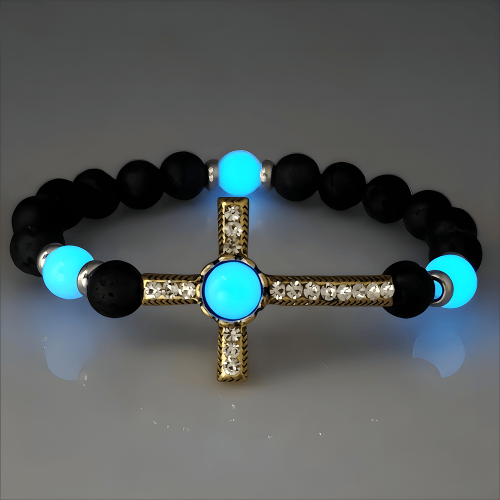 Volcanic Stone Bracelet with Glow-in-the-Dark Cross: Embody His Luminous Grace
