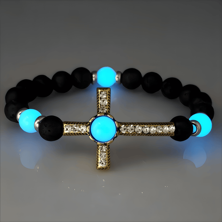 Volcanic Stone Bracelet with Glow-in-the-Dark Cross: Embody His Luminous Grace