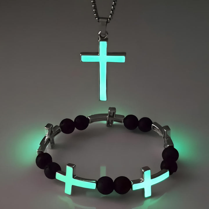 Luminous Cross Necklace & Beaded Bracelet Set: Remind of His Quiet Light