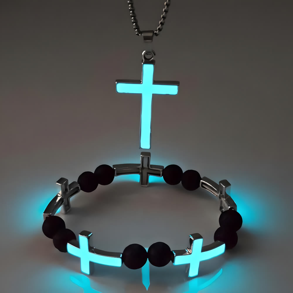 Luminous Cross Necklace & Beaded Bracelet Set: Remind of His Quiet Light