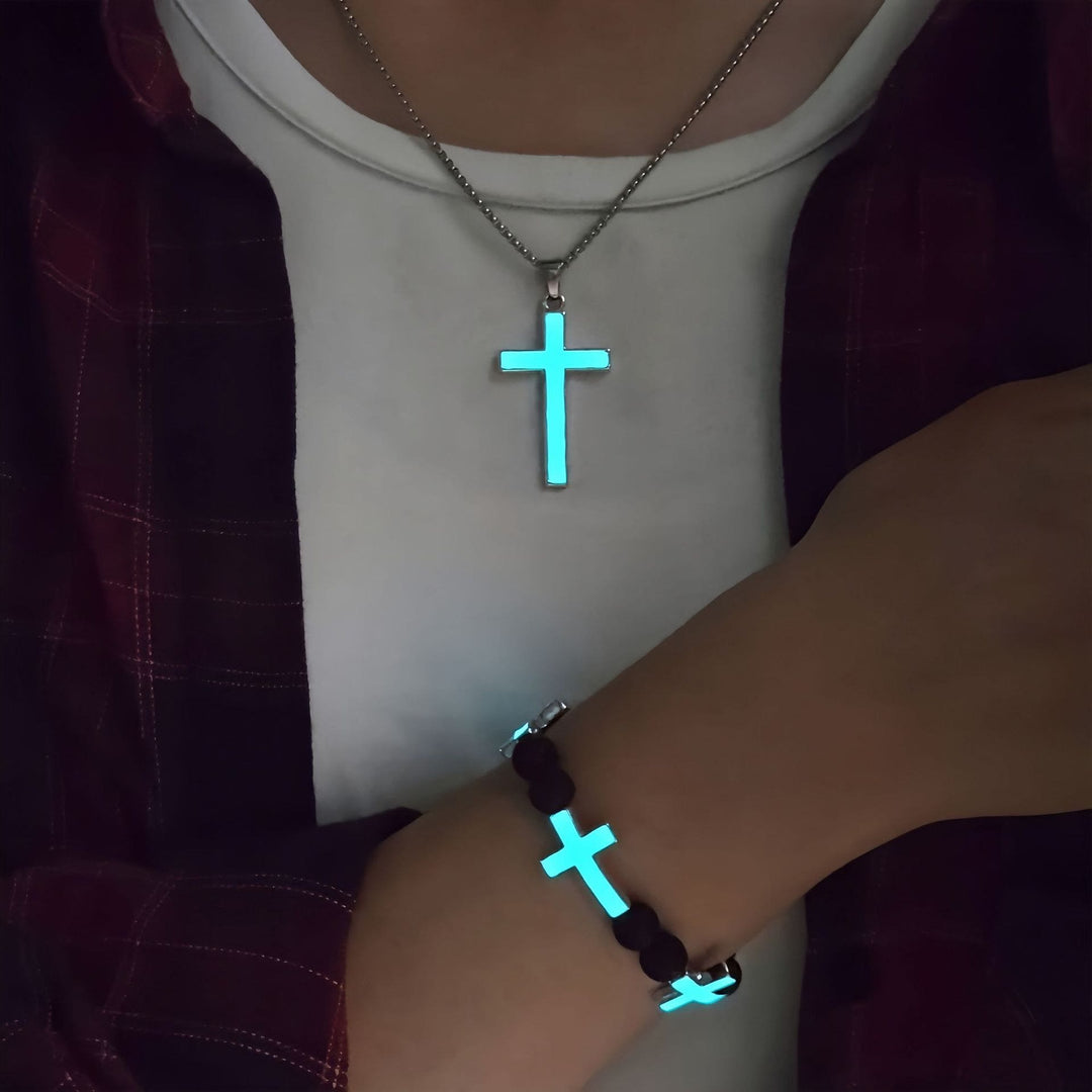 Luminous Cross Necklace & Beaded Bracelet Set: Remind of His Quiet Light