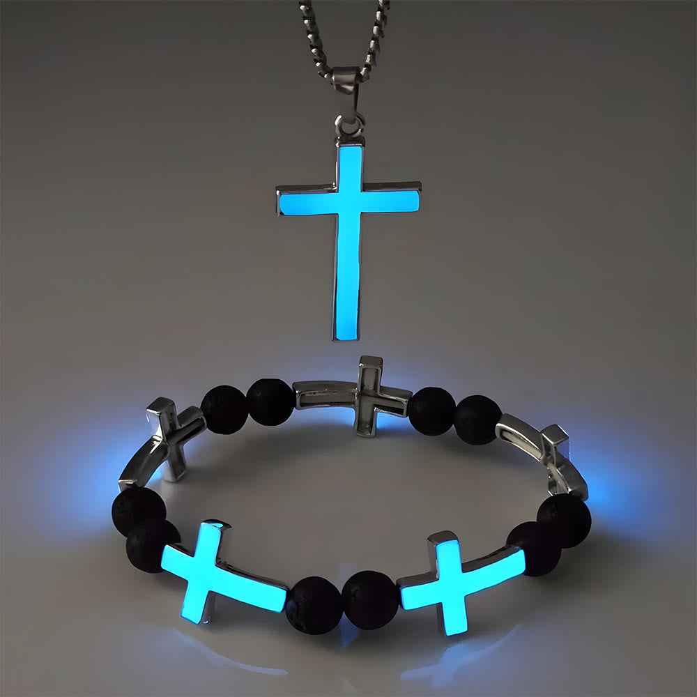 Luminous Cross Necklace & Beaded Bracelet Set: Remind of His Quiet Light