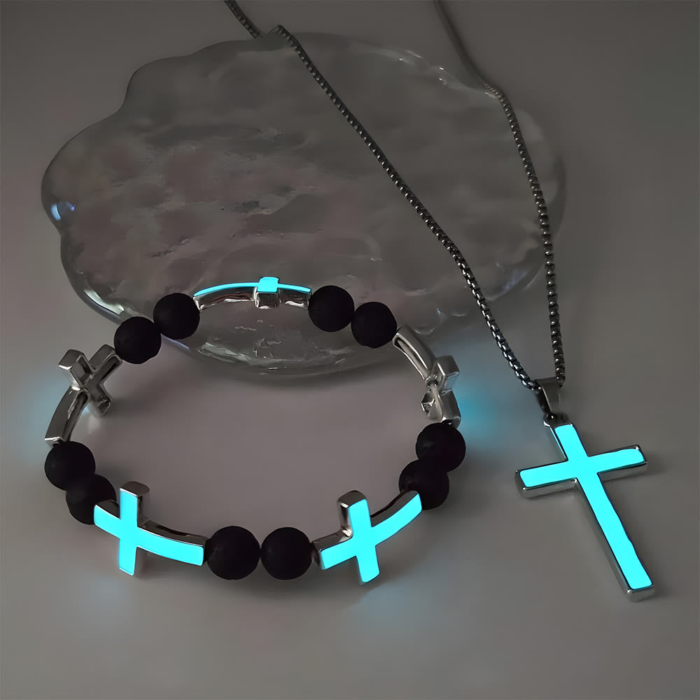 Luminous Cross Necklace & Beaded Bracelet Set: Remind of His Quiet Light