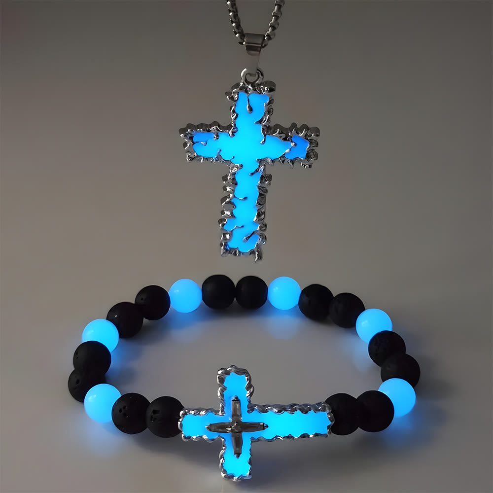 3-Color Luminous Cross Necklace & Beaded Bracelet Set: Remind of His Quiet Light