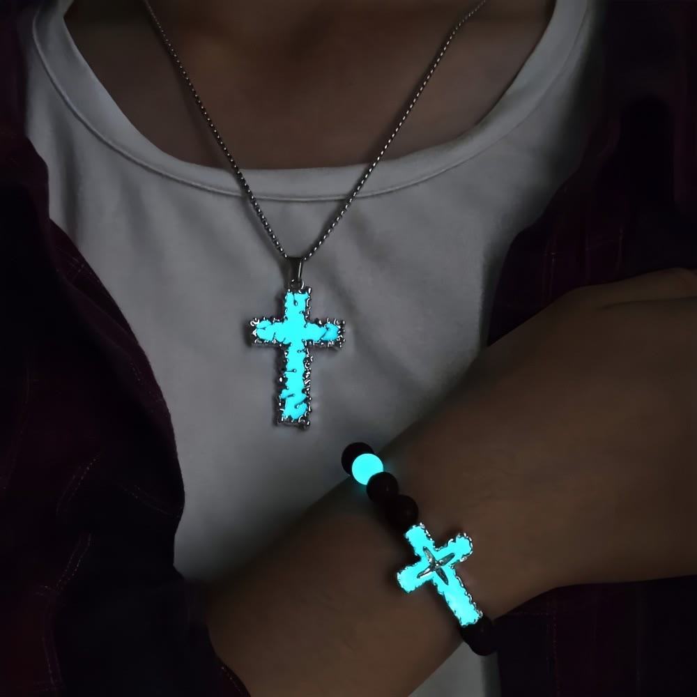 3-Color Luminous Cross Necklace & Beaded Bracelet Set: Remind of His Quiet Light
