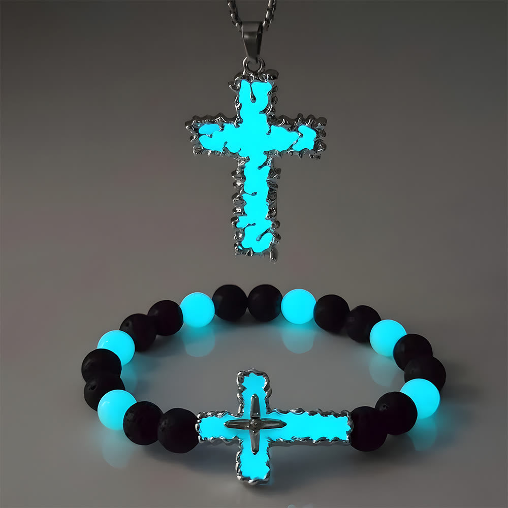 3-Color Luminous Cross Necklace & Beaded Bracelet Set: Remind of His Quiet Light