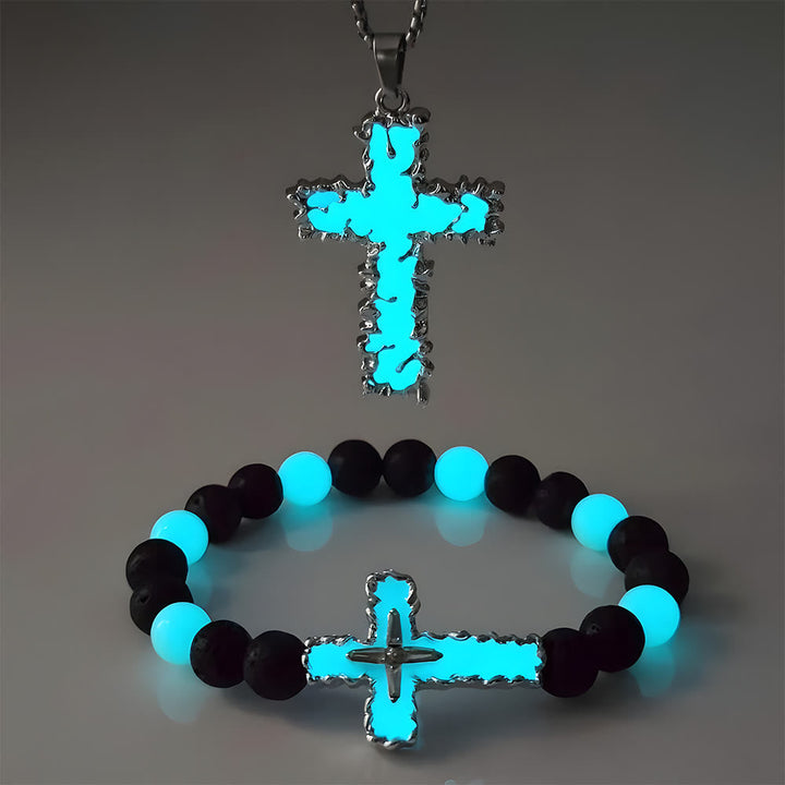 3-Color Luminous Cross Necklace & Beaded Bracelet Set: Remind of His Quiet Light