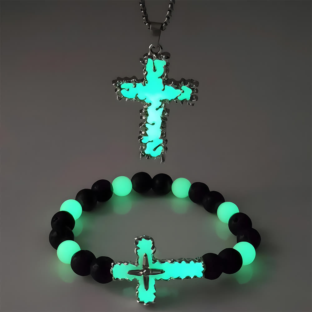 3-Color Luminous Cross Necklace & Beaded Bracelet Set: Remind of His Quiet Light
