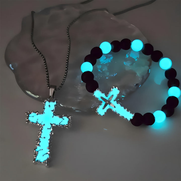 3-Color Luminous Cross Necklace & Beaded Bracelet Set: Remind of His Quiet Light