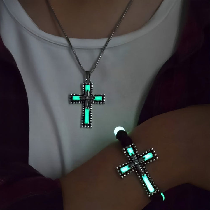 Glow-in-the-Dark Cross Jewelry Set with Volcanic Stone: Hold His Grace Close After Dark