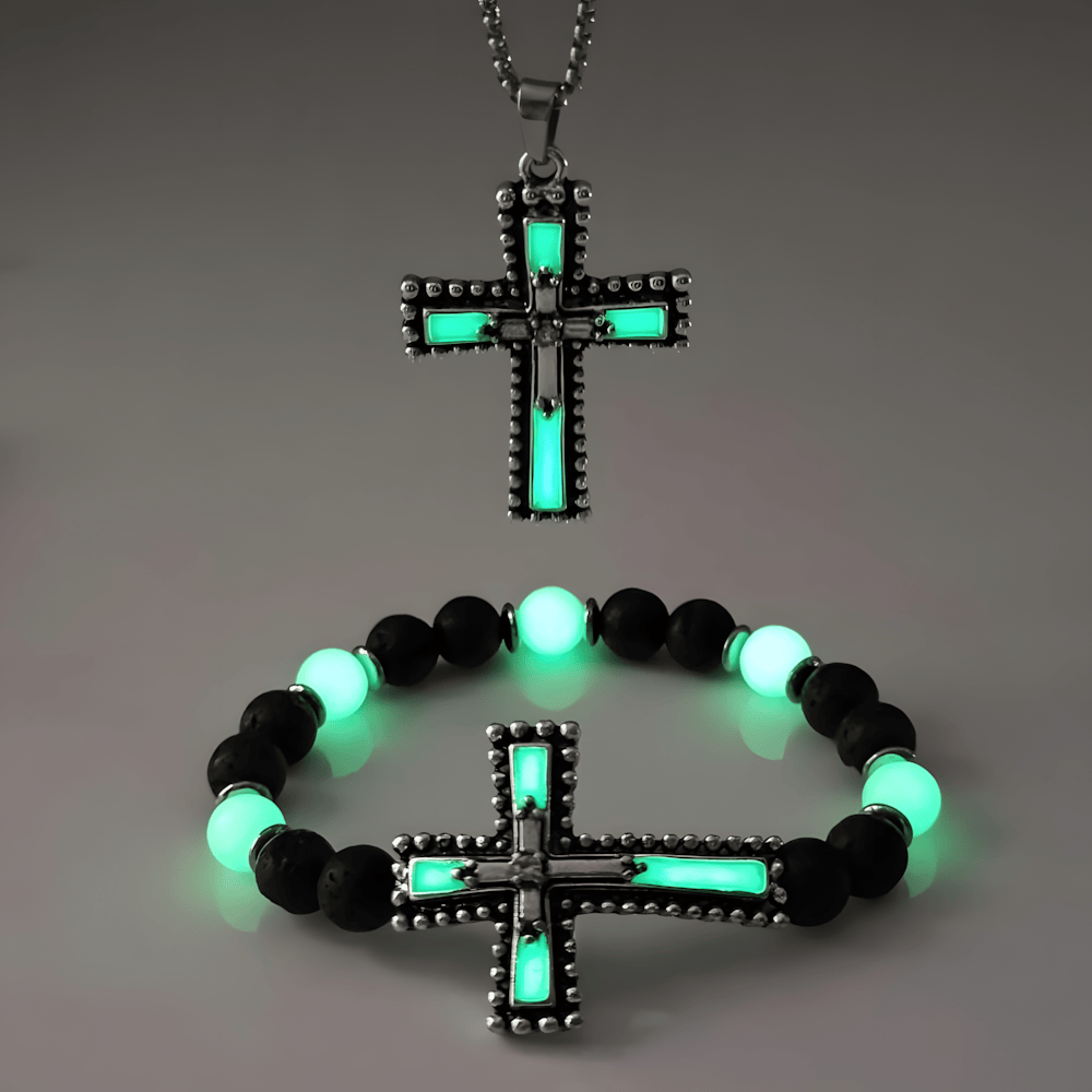 Glow-in-the-Dark Cross Jewelry Set with Volcanic Stone: Hold His Grace Close After Dark
