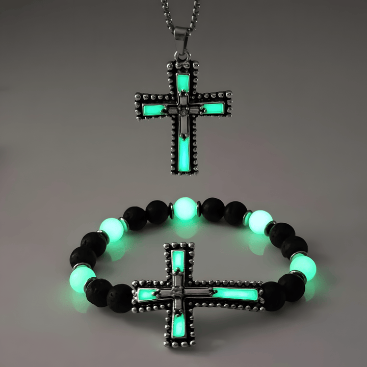 Glow-in-the-Dark Cross Jewelry Set with Volcanic Stone: Hold His Grace Close After Dark