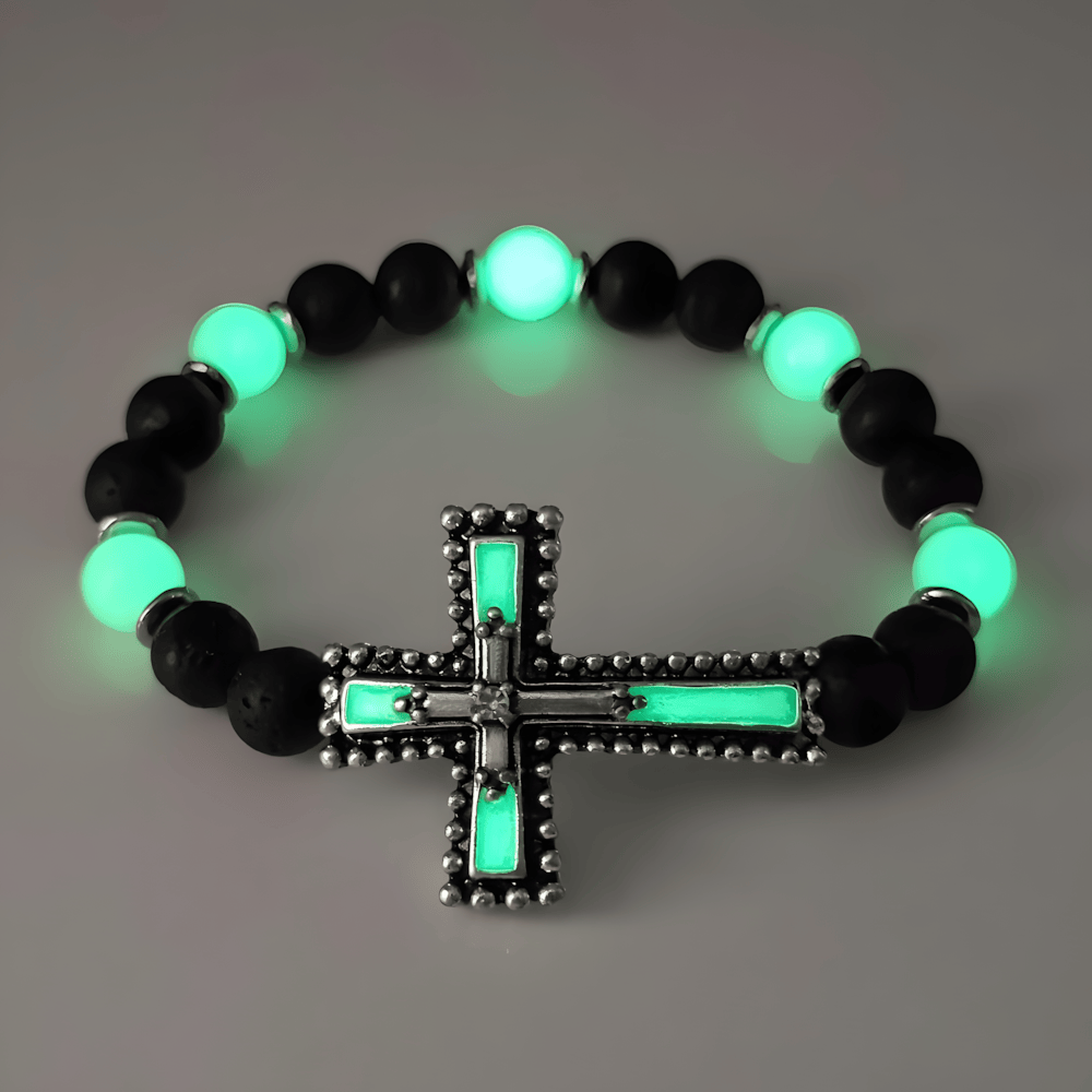 Glow-in-the-Dark Cross Jewelry Set with Volcanic Stone: Hold His Grace Close After Dark