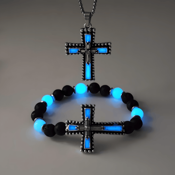 Glow-in-the-Dark Cross Jewelry Set with Volcanic Stone: Hold His Grace Close After Dark