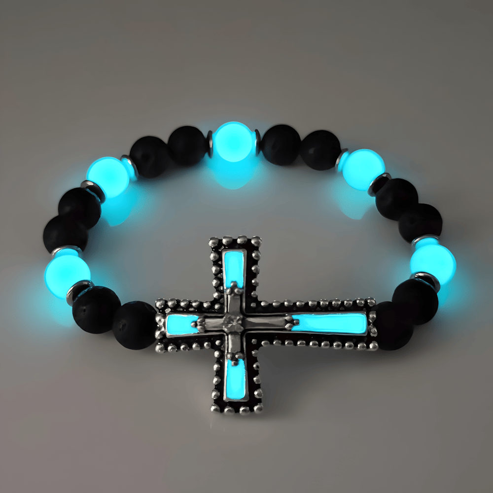Glow-in-the-Dark Cross Jewelry Set with Volcanic Stone: Hold His Grace Close After Dark