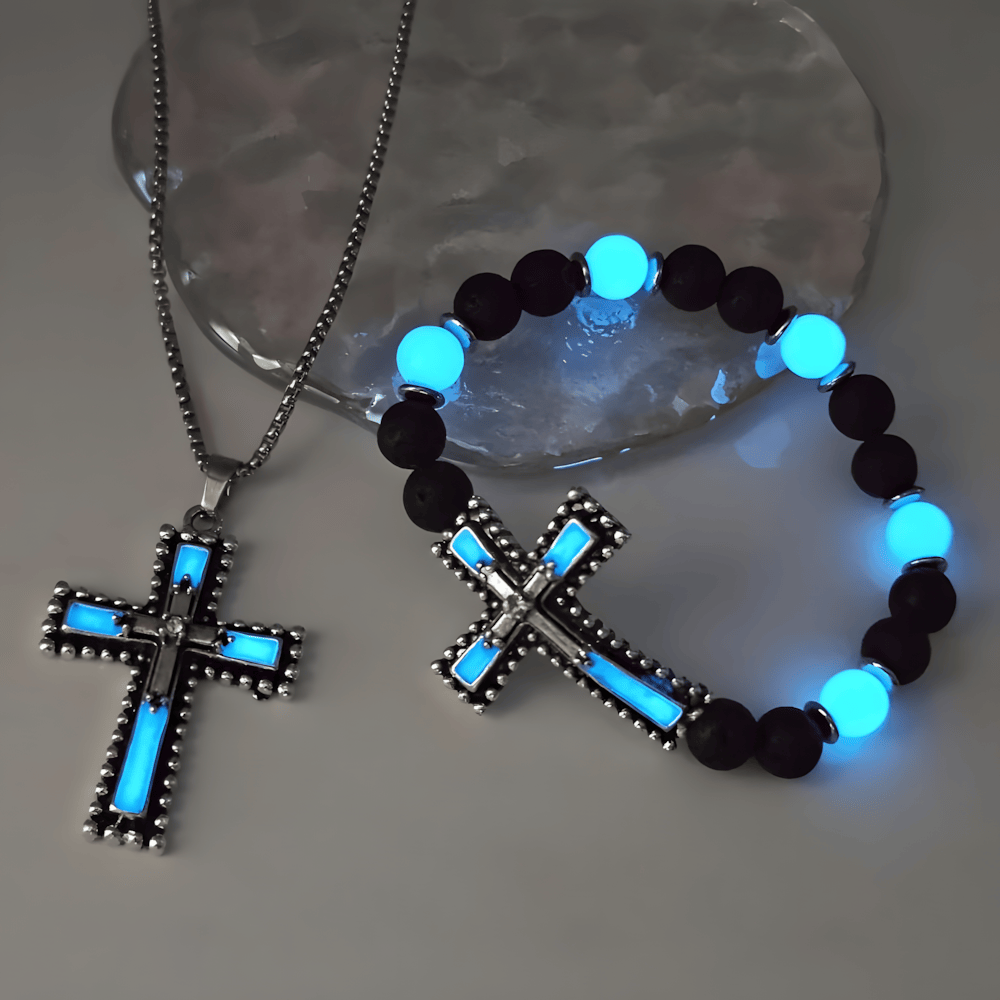 Glow-in-the-Dark Cross Jewelry Set with Volcanic Stone: Hold His Grace Close After Dark