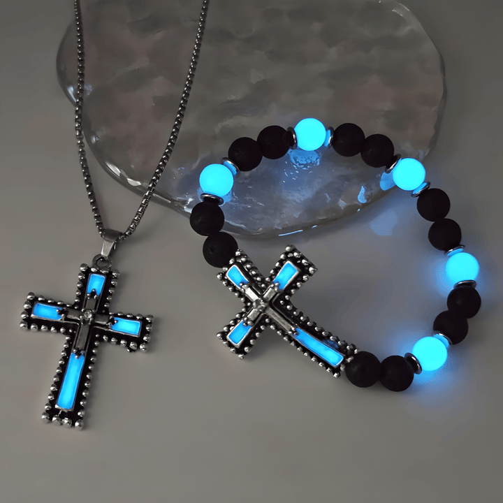 Glow-in-the-Dark Cross Jewelry Set with Volcanic Stone: Hold His Grace Close After Dark