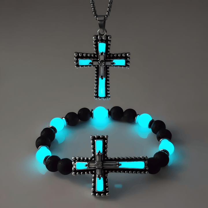 Glow-in-the-Dark Cross Jewelry Set with Volcanic Stone: Hold His Grace Close After Dark
