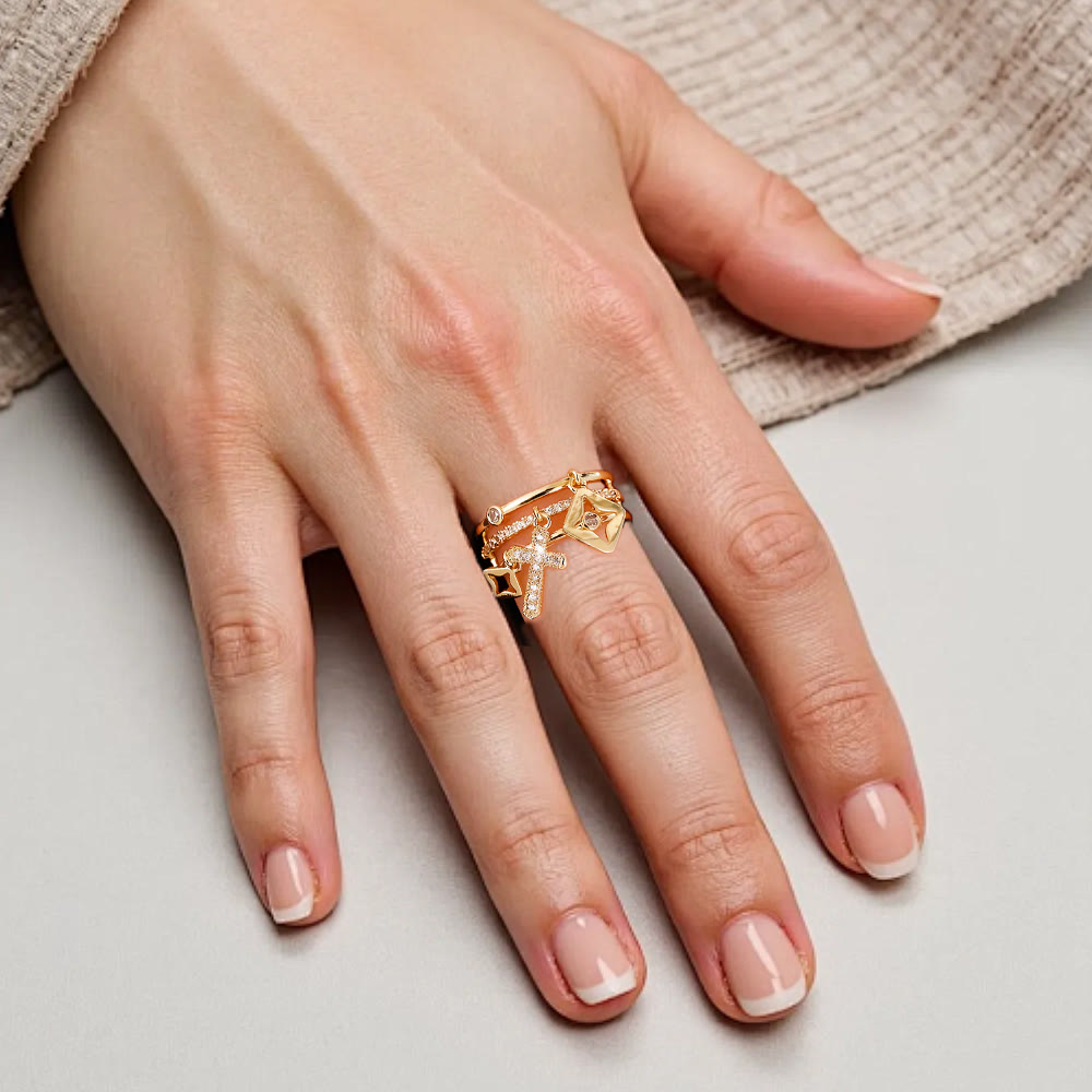 Shimmering Cross Charm Layered Band Ring: Remind of His Quiet Peace
