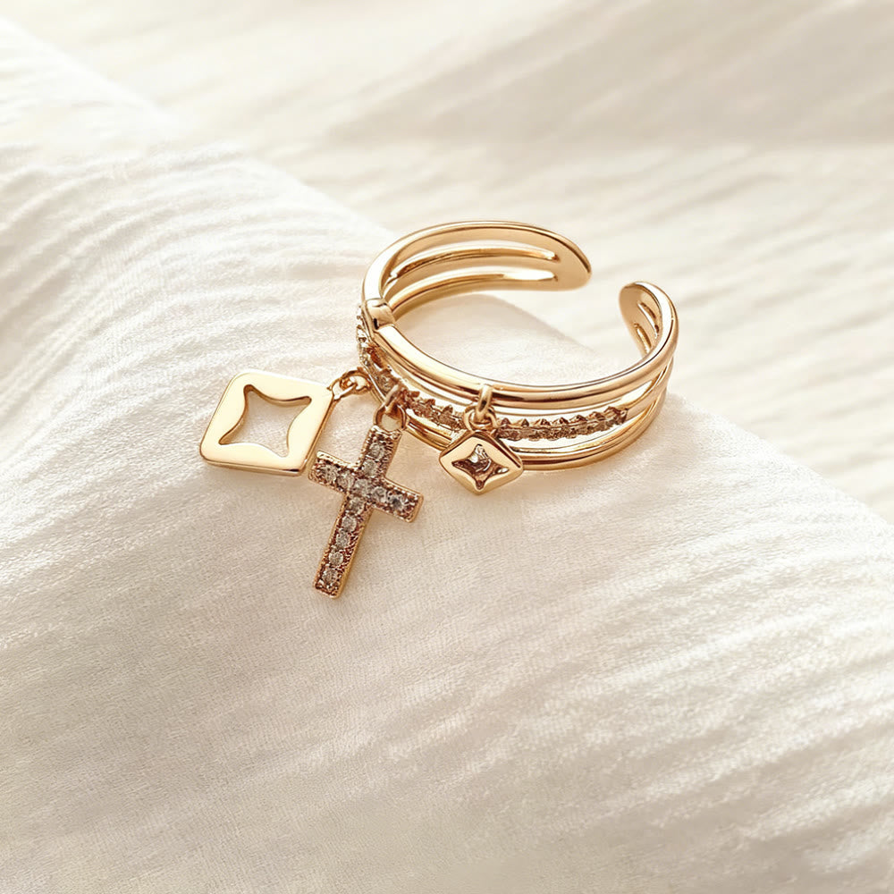 Shimmering Cross Charm Layered Band Ring: Remind of His Quiet Peace