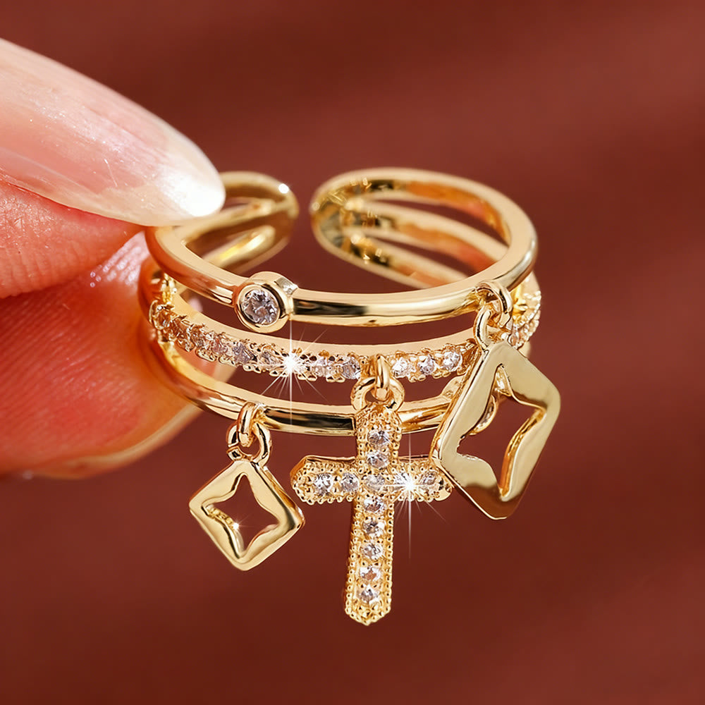 Shimmering Cross Charm Layered Band Ring: Remind of His Quiet Peace