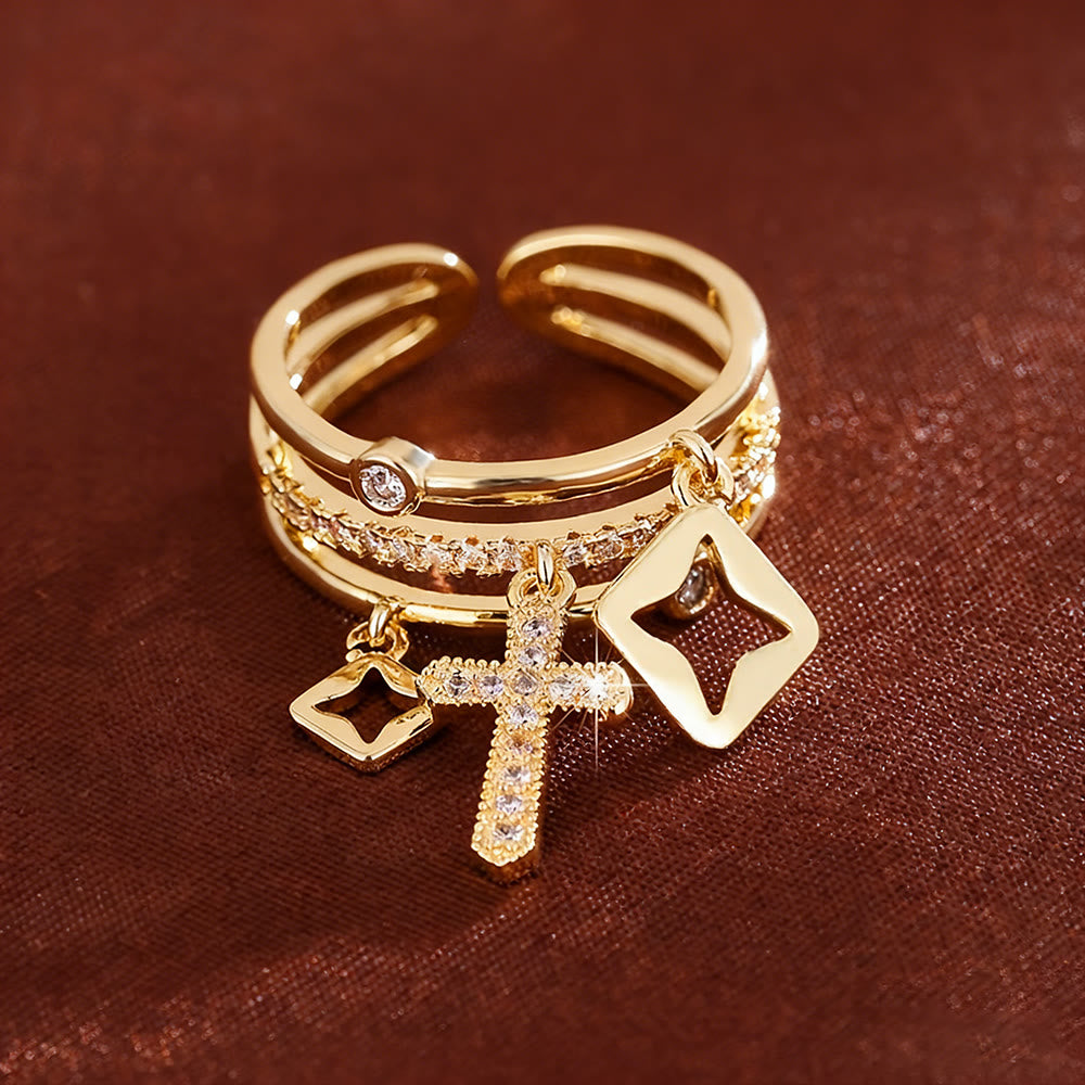 Shimmering Cross Charm Layered Band Ring: Remind of His Quiet Peace