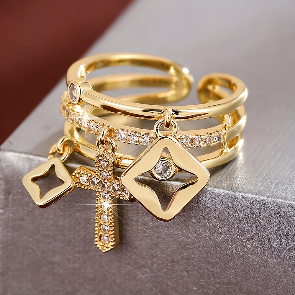 Shimmering Cross Charm Layered Band Ring: Remind of His Quiet Peace