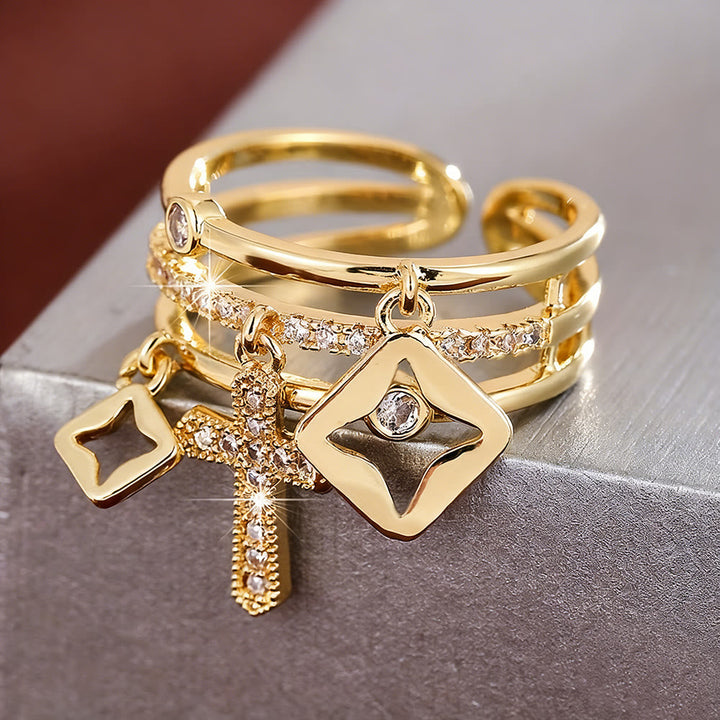 Shimmering Cross Charm Layered Band Ring: Remind of His Quiet Peace