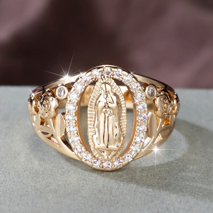 Our Lady Ring with Encircled Zircons & Floral Accents: Embody Her Tender Grace