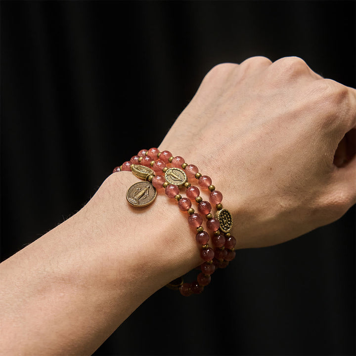 Vintage Strawberry Quartz Bracelet with Miraculous Medal Sacred Devotion
