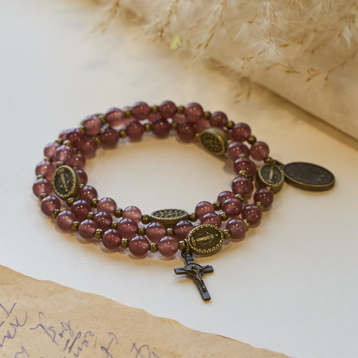 Vintage Strawberry Quartz Bracelet with Miraculous Medal Sacred Devotion