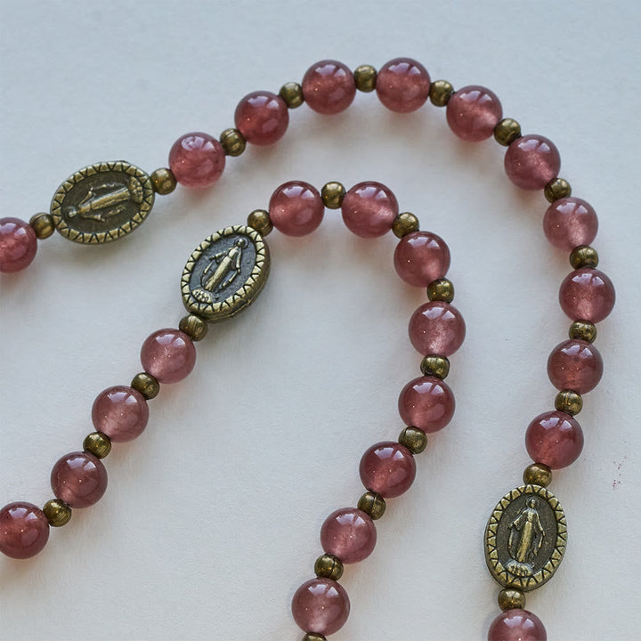 Vintage Strawberry Quartz Bracelet with Miraculous Medal Sacred Devotion