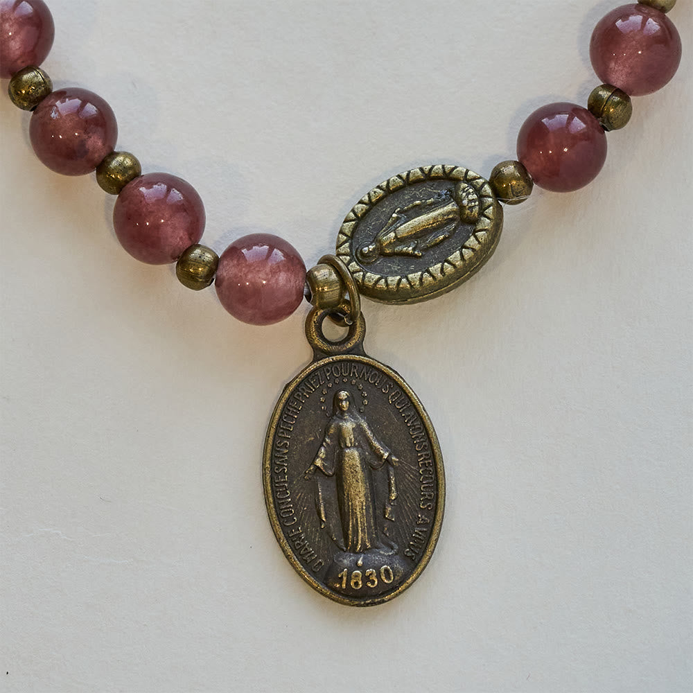 Vintage Strawberry Quartz Bracelet with Miraculous Medal Sacred Devotion