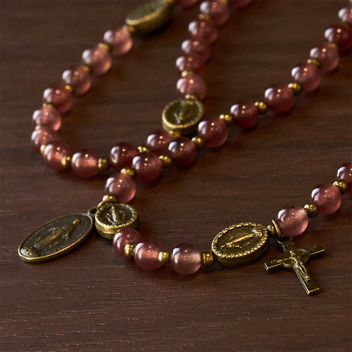 Vintage Strawberry Quartz Bracelet with Miraculous Medal Sacred Devotion