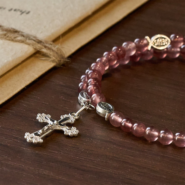 Vintage Strawberry Quartz Bracelet with Miraculous Medal Sacred Devotion