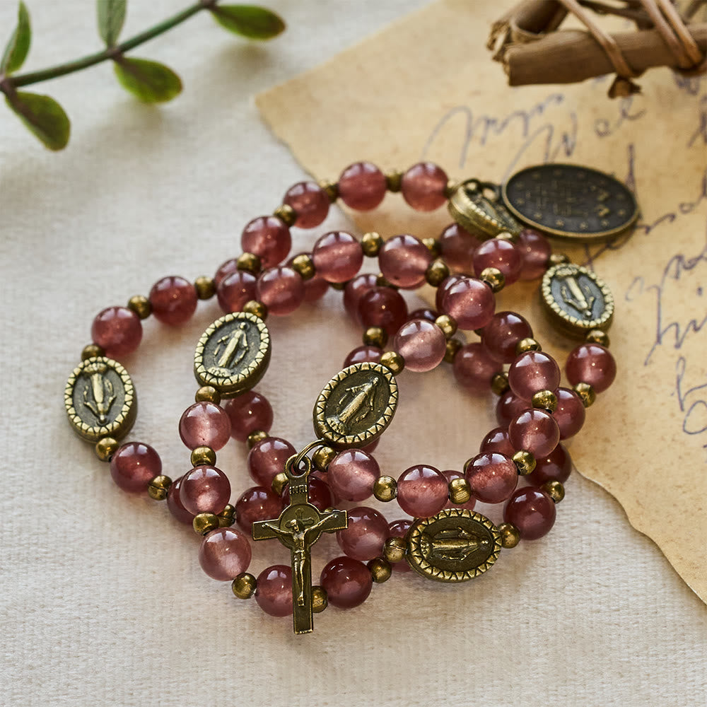 Vintage Strawberry Quartz Bracelet with Miraculous Medal Sacred Devotion