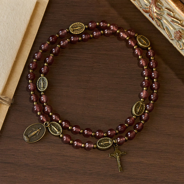 Vintage Strawberry Quartz Bracelet with Miraculous Medal Sacred Devotion