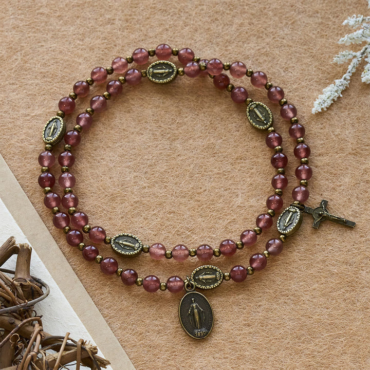 Vintage Strawberry Quartz Bracelet with Miraculous Medal Sacred Devotion