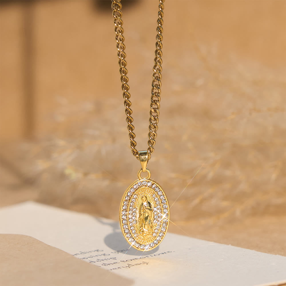 Sparkling Our Lady Oval Medallion Pendant Necklace: Embody Her Tender Intercession