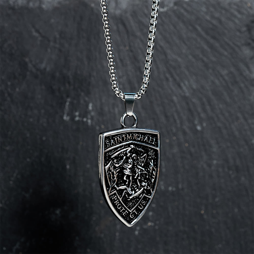 St. Michael Protect Us Shield Pendant Necklace: Embody His Courageous Protection