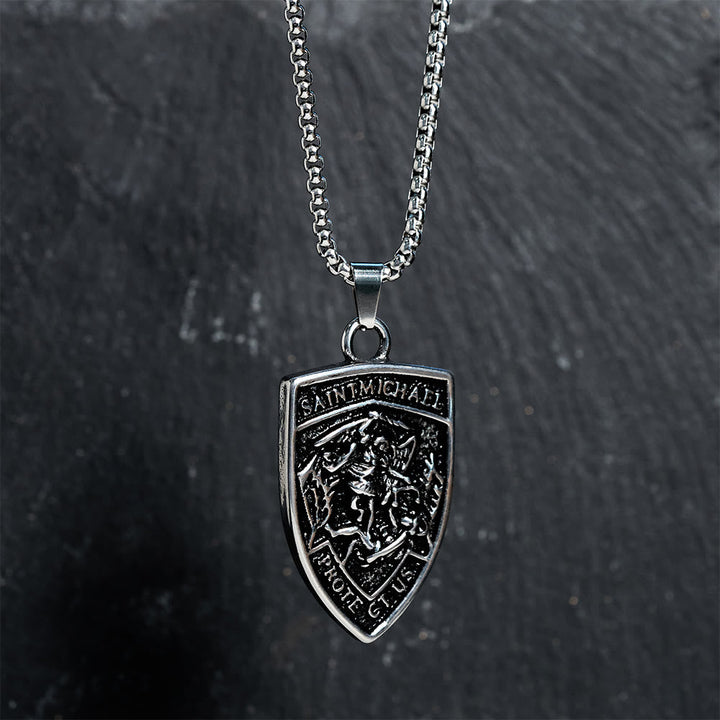 St. Michael Protect Us Shield Pendant Necklace: Embody His Courageous Protection