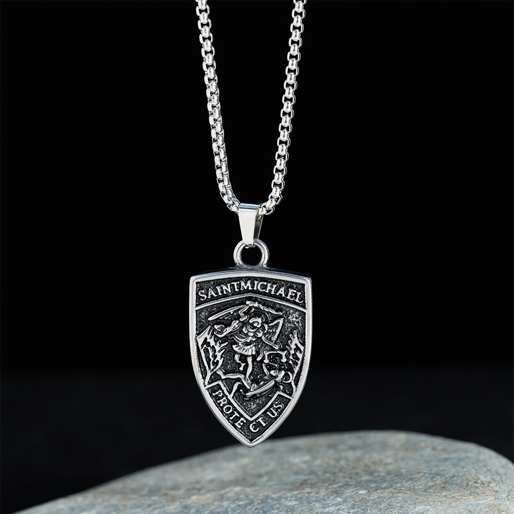 St. Michael Protect Us Shield Pendant Necklace: Embody His Courageous Protection