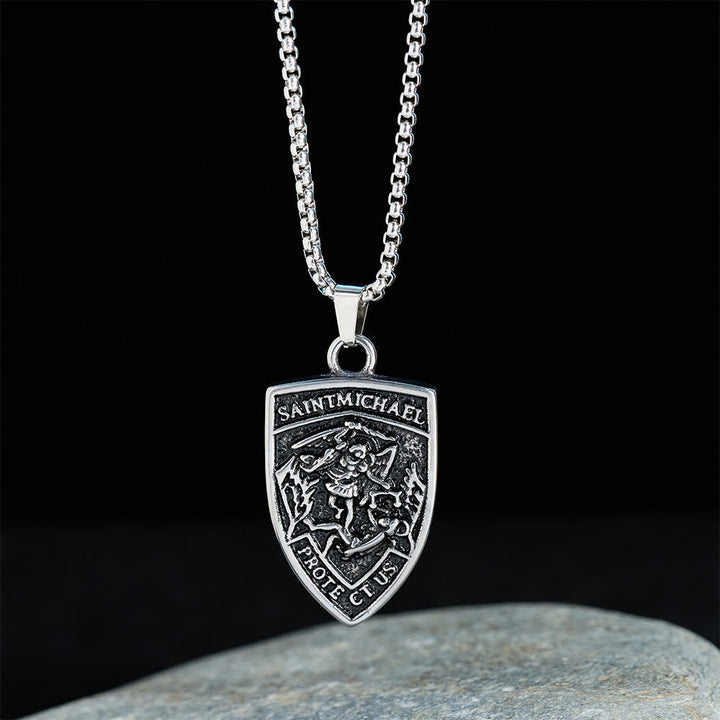 St. Michael Protect Us Shield Pendant Necklace: Embody His Courageous Protection