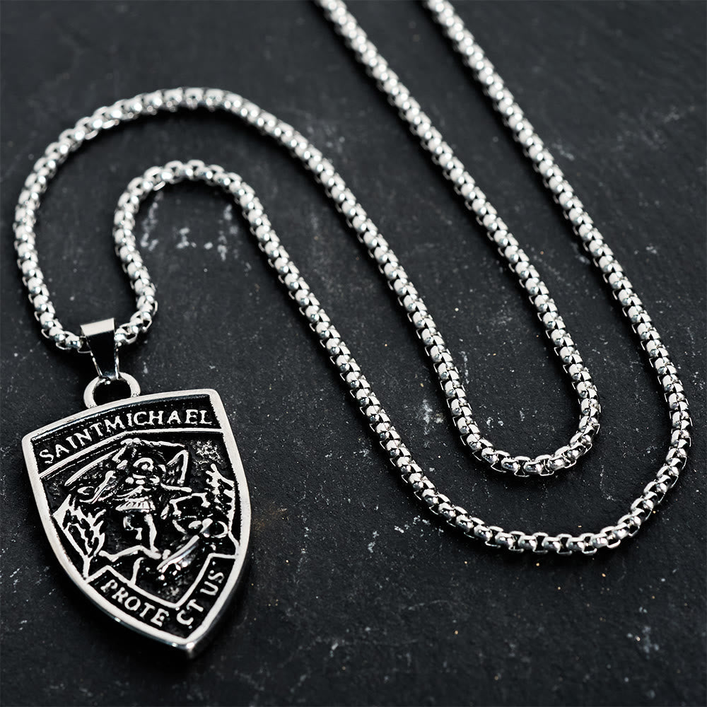 St. Michael Protect Us Shield Pendant Necklace: Embody His Courageous Protection