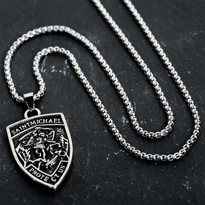 St. Michael Protect Us Shield Pendant Necklace: Embody His Courageous Protection