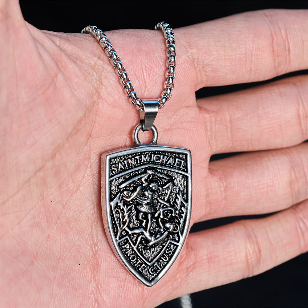 St. Michael Protect Us Shield Pendant Necklace: Embody His Courageous Protection