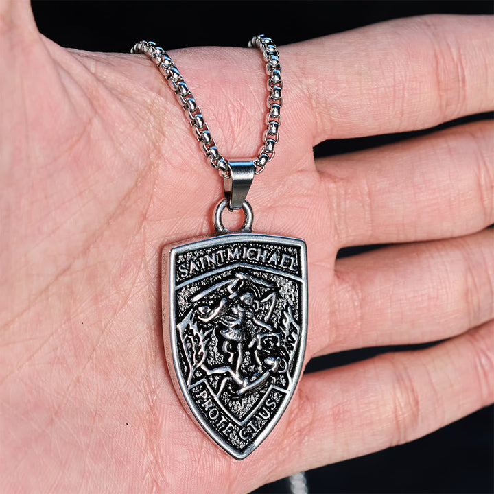 St. Michael Protect Us Shield Pendant Necklace: Embody His Courageous Protection