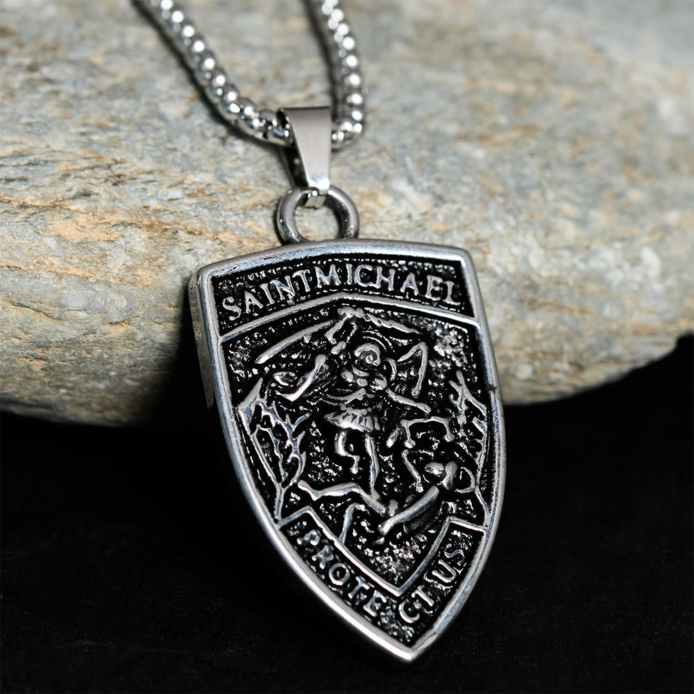 St. Michael Protect Us Shield Pendant Necklace: Embody His Courageous Protection